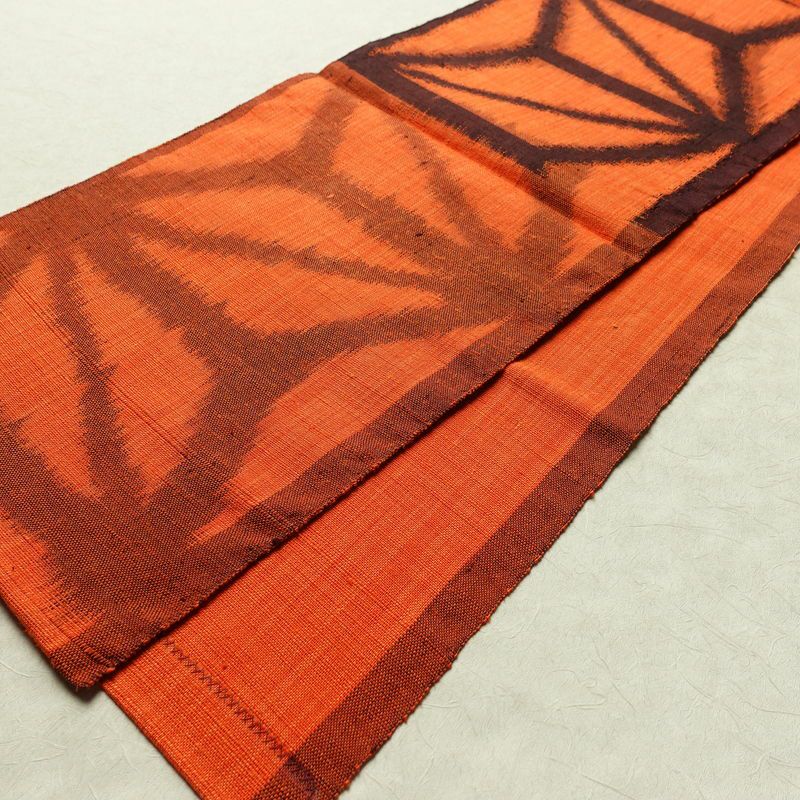 名古屋帯 太鼓柄 良品 正絹 麻の葉柄 通し仕立て なごや帯 リサイクル帯 帯 紬地 橙_画像8