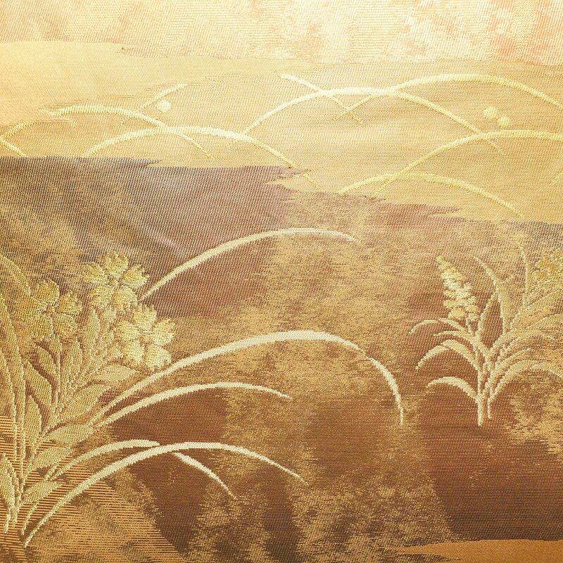 名古屋帯 太鼓柄 正絹 木の葉・植物柄 名古屋仕立て なごや帯 リサイクル帯 帯 引箔 橙_画像2