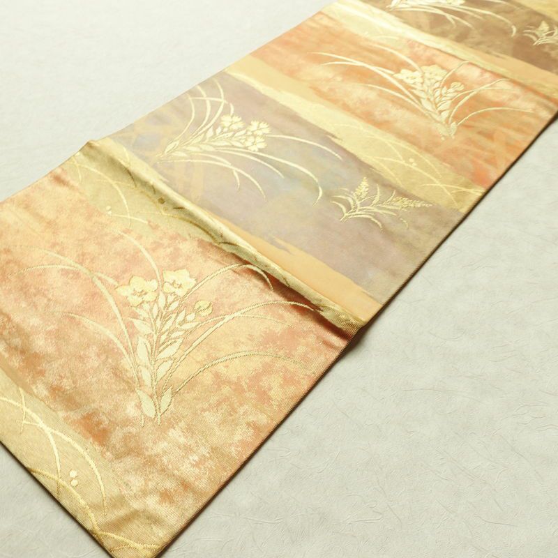 名古屋帯 太鼓柄 正絹 木の葉・植物柄 名古屋仕立て なごや帯 リサイクル帯 帯 引箔 橙_画像8