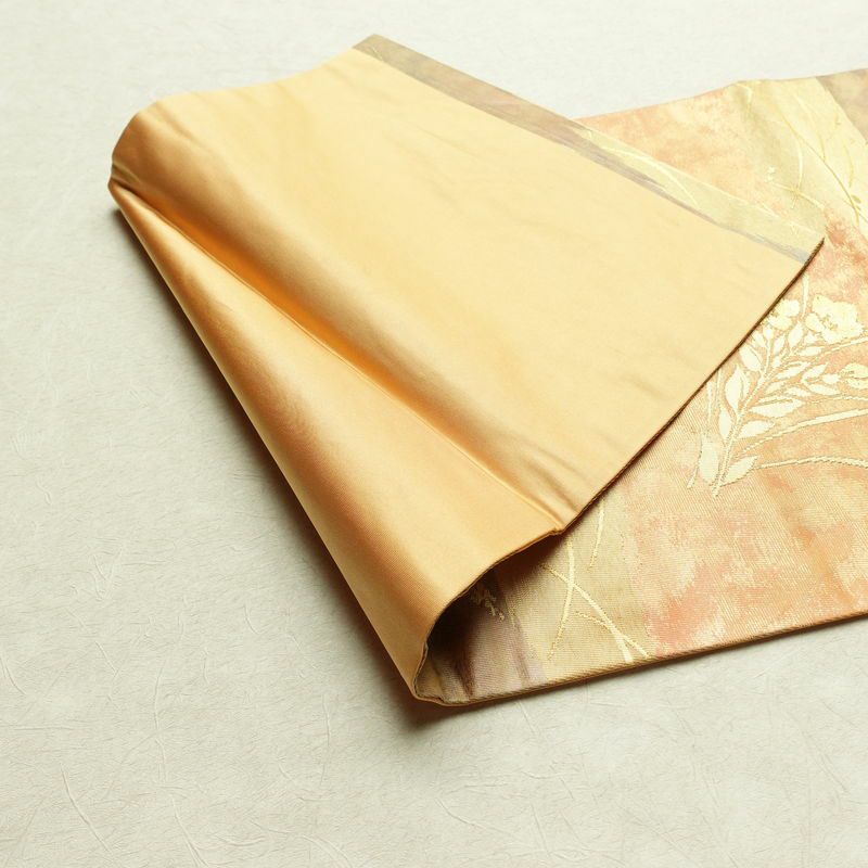 名古屋帯 太鼓柄 正絹 木の葉・植物柄 名古屋仕立て なごや帯 リサイクル帯 帯 引箔 橙_画像9