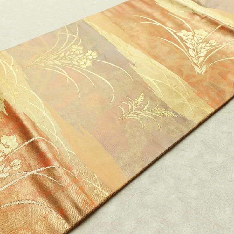 名古屋帯 太鼓柄 正絹 木の葉・植物柄 名古屋仕立て なごや帯 リサイクル帯 帯 引箔 橙_画像11