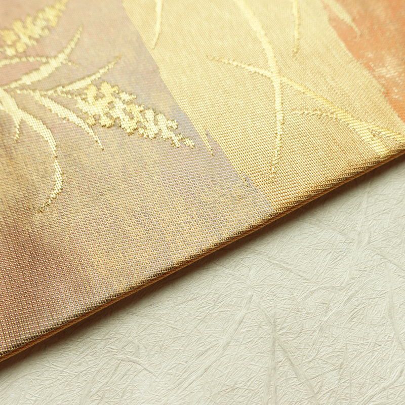 名古屋帯 太鼓柄 正絹 木の葉・植物柄 名古屋仕立て なごや帯 リサイクル帯 帯 引箔 橙_画像12