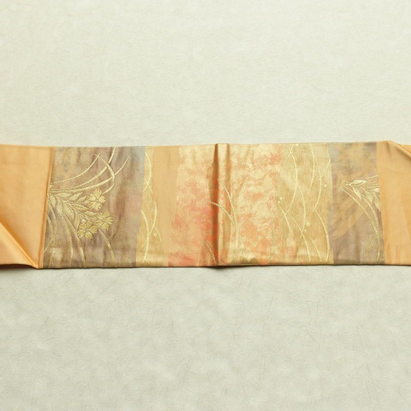 名古屋帯 太鼓柄 正絹 木の葉・植物柄 名古屋仕立て なごや帯 リサイクル帯 帯 引箔 橙_画像13