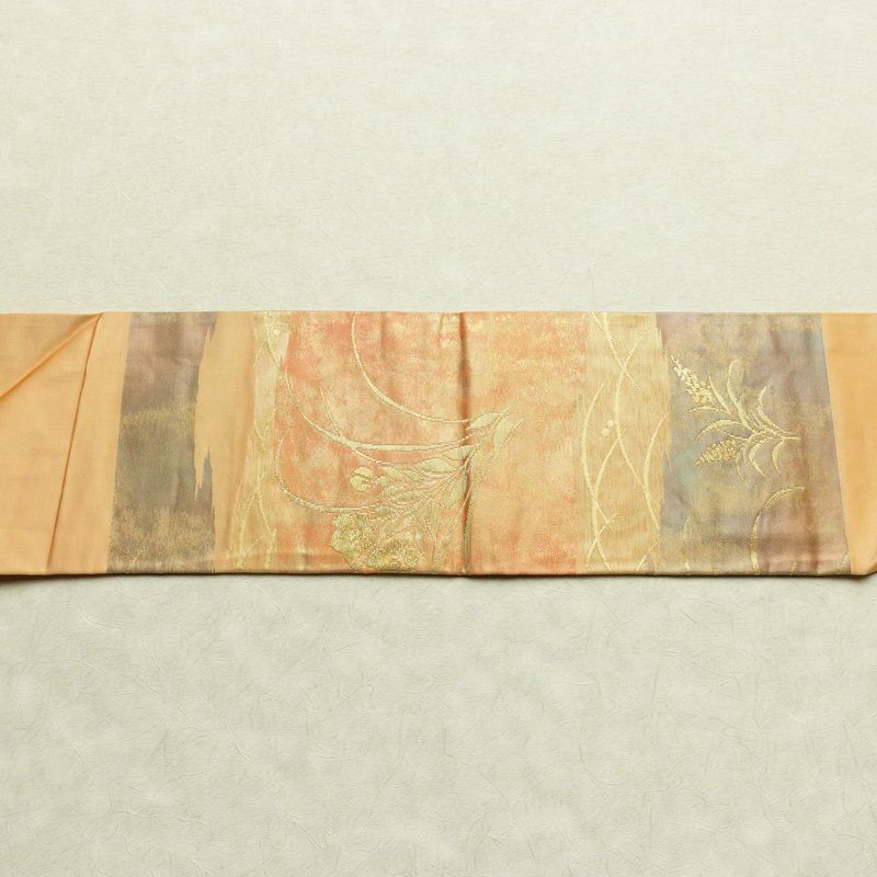 名古屋帯 太鼓柄 正絹 木の葉・植物柄 名古屋仕立て なごや帯 リサイクル帯 帯 引箔 橙_画像14