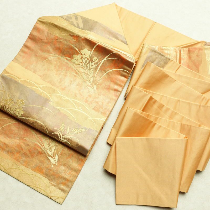 名古屋帯 太鼓柄 正絹 木の葉・植物柄 名古屋仕立て なごや帯 リサイクル帯 帯 引箔 橙_画像16