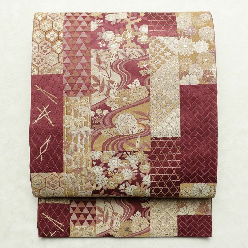 名古屋帯 六通柄 良品 正絹 古典柄 通し仕立て なごや帯 リサイクル帯 比翼仕立て 帯 赤紫 紫・藤色_画像1