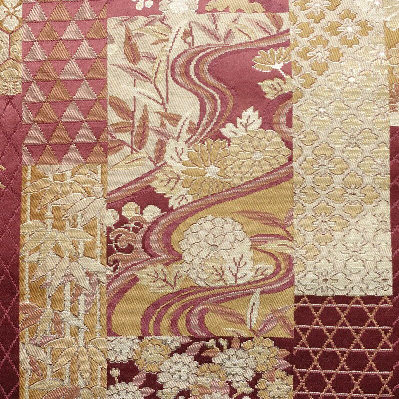 名古屋帯 六通柄 良品 正絹 古典柄 通し仕立て なごや帯 リサイクル帯 比翼仕立て 帯 赤紫 紫・藤色_画像2