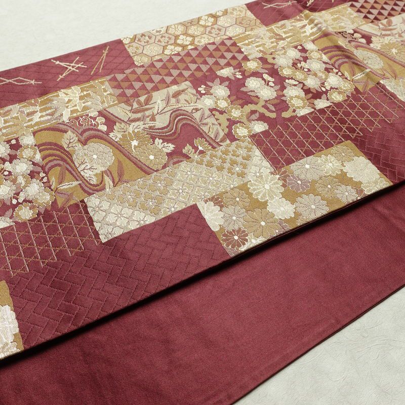 名古屋帯 六通柄 良品 正絹 古典柄 通し仕立て なごや帯 リサイクル帯 比翼仕立て 帯 赤紫 紫・藤色_画像11