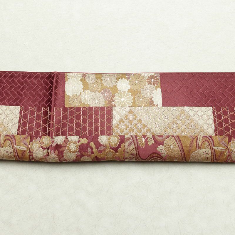 名古屋帯 六通柄 良品 正絹 古典柄 通し仕立て なごや帯 リサイクル帯 比翼仕立て 帯 赤紫 紫・藤色_画像15