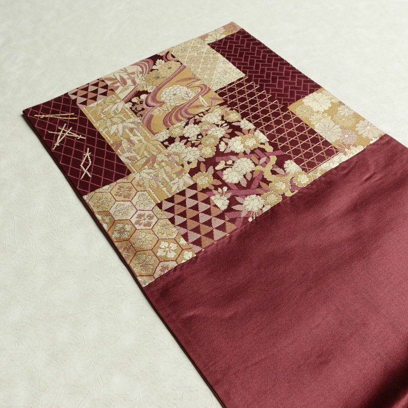 名古屋帯 六通柄 良品 正絹 古典柄 通し仕立て なごや帯 リサイクル帯 比翼仕立て 帯 赤紫 紫・藤色_画像17