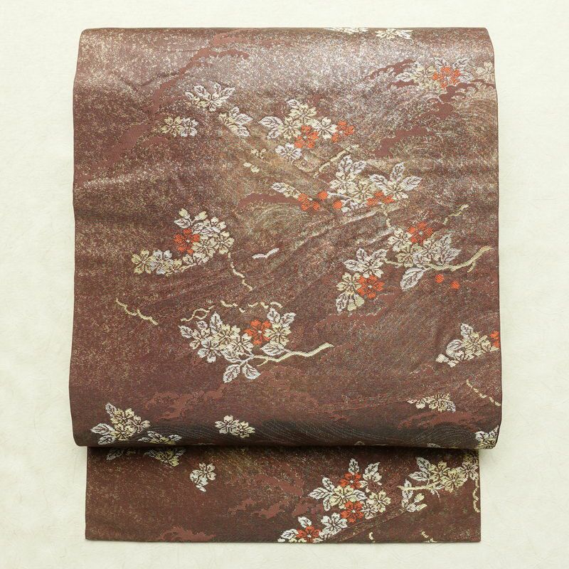 名古屋帯 六通柄 正絹 木の葉・植物柄 名古屋仕立て なごや帯 リサイクル帯 帯 箔 茶_画像1