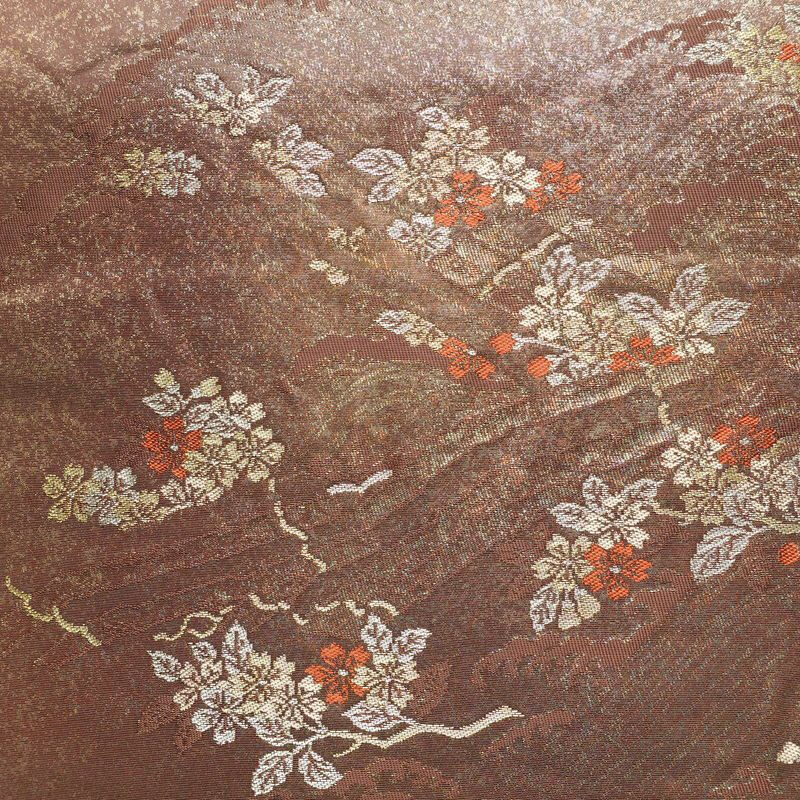 名古屋帯 六通柄 正絹 木の葉・植物柄 名古屋仕立て なごや帯 リサイクル帯 帯 箔 茶_画像2