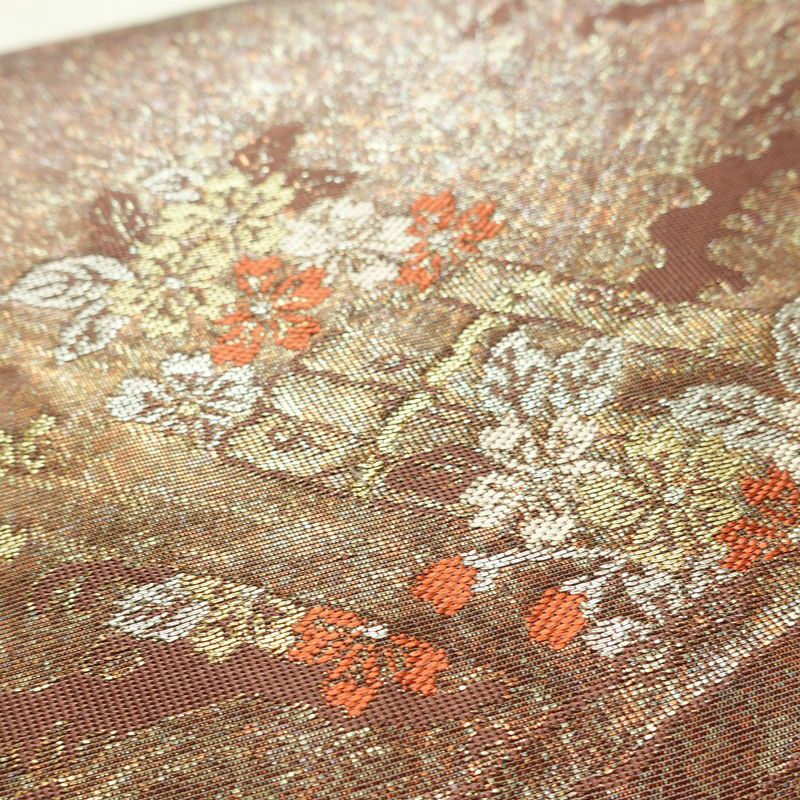 名古屋帯 六通柄 正絹 木の葉・植物柄 名古屋仕立て なごや帯 リサイクル帯 帯 箔 茶_画像5