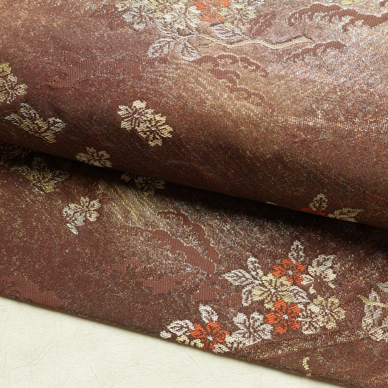 名古屋帯 六通柄 正絹 木の葉・植物柄 名古屋仕立て なごや帯 リサイクル帯 帯 箔 茶_画像7