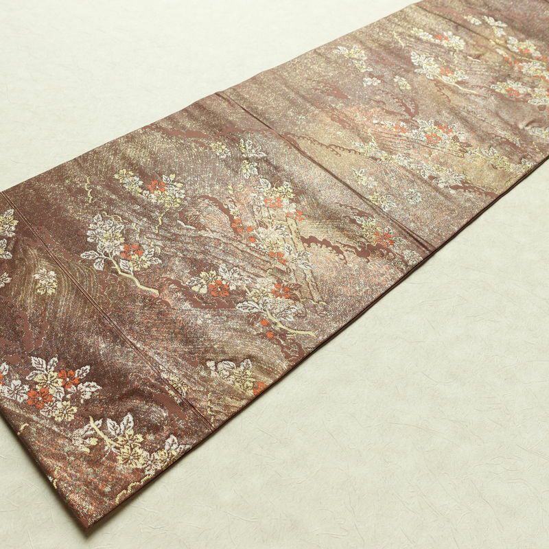 名古屋帯 六通柄 正絹 木の葉・植物柄 名古屋仕立て なごや帯 リサイクル帯 帯 箔 茶_画像8