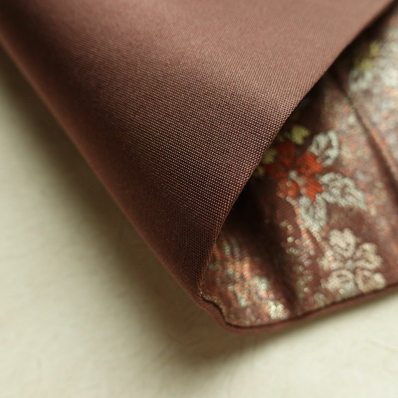 名古屋帯 六通柄 正絹 木の葉・植物柄 名古屋仕立て なごや帯 リサイクル帯 帯 箔 茶_画像10