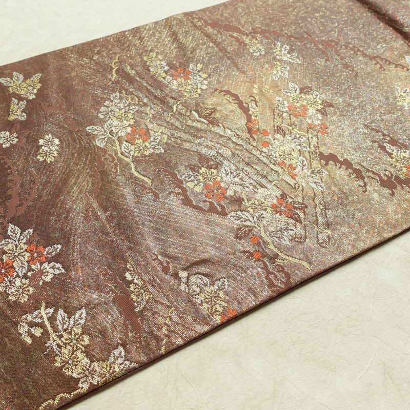 名古屋帯 六通柄 正絹 木の葉・植物柄 名古屋仕立て なごや帯 リサイクル帯 帯 箔 茶_画像11