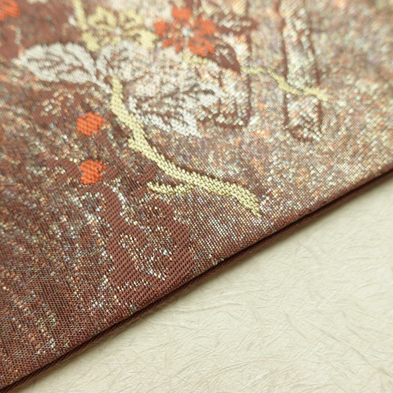 名古屋帯 六通柄 正絹 木の葉・植物柄 名古屋仕立て なごや帯 リサイクル帯 帯 箔 茶_画像12