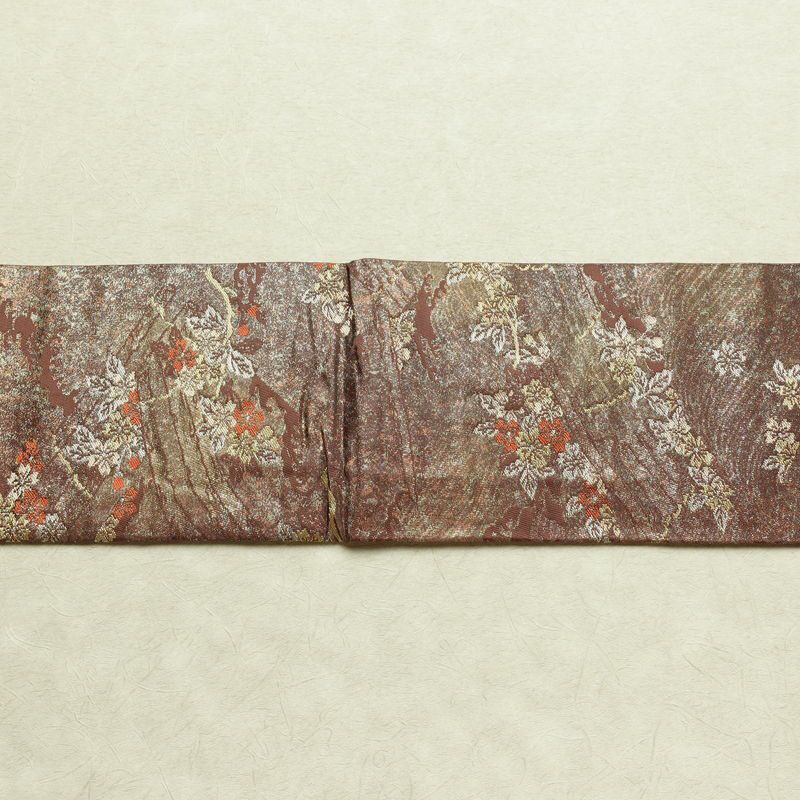 名古屋帯 六通柄 正絹 木の葉・植物柄 名古屋仕立て なごや帯 リサイクル帯 帯 箔 茶_画像14