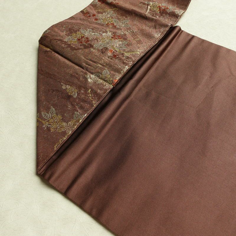 名古屋帯 六通柄 正絹 木の葉・植物柄 名古屋仕立て なごや帯 リサイクル帯 帯 箔 茶_画像19