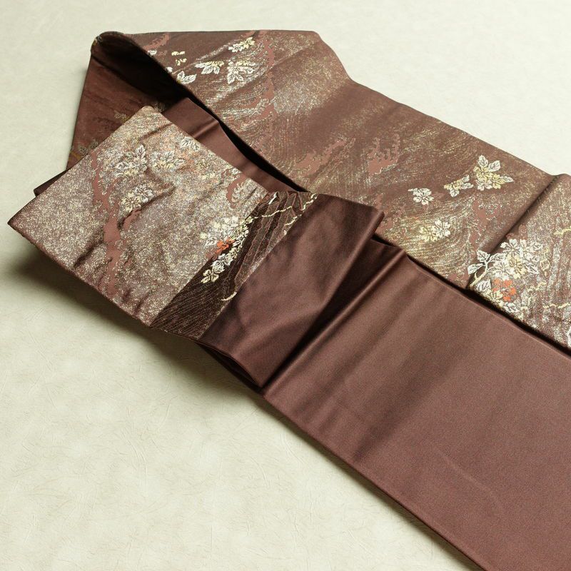 名古屋帯 六通柄 正絹 木の葉・植物柄 名古屋仕立て なごや帯 リサイクル帯 帯 箔 茶_画像21