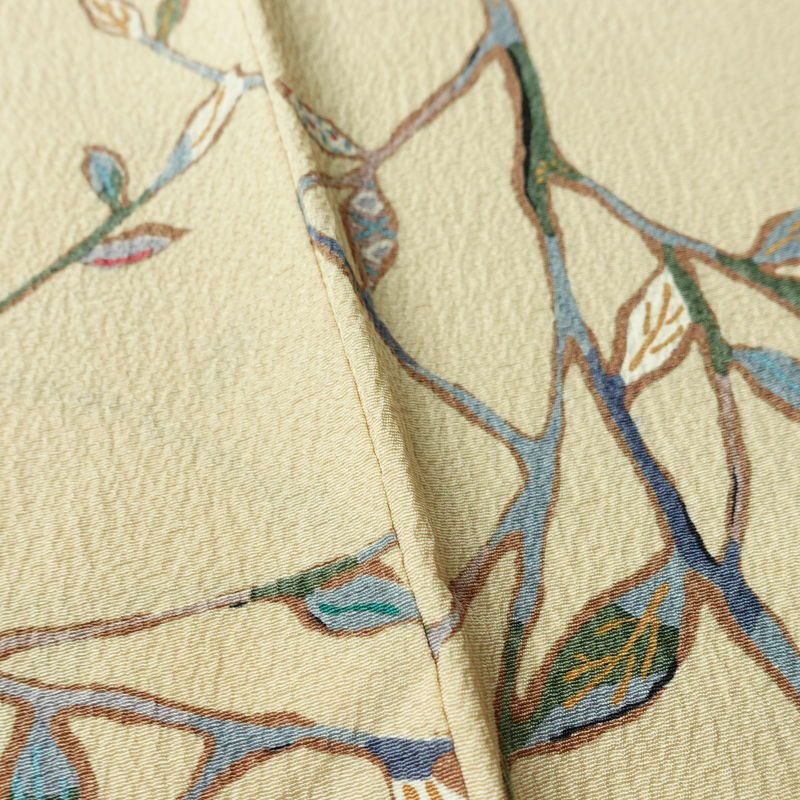 小紋 縮緬 総柄 正絹 木の葉・植物柄 袷仕立て 身丈157cm 裄丈65cm リサイクル着物 着物 ベージュ_画像10