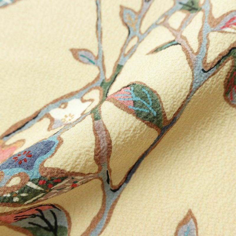 小紋 縮緬 総柄 正絹 木の葉・植物柄 袷仕立て 身丈157cm 裄丈65cm リサイクル着物 着物 ベージュ_画像21