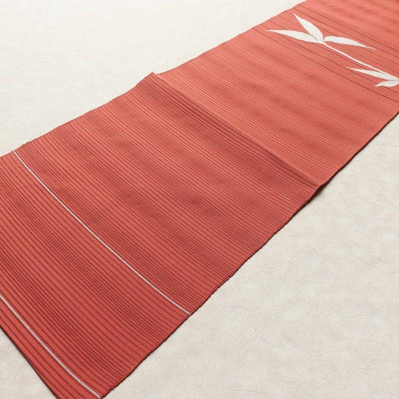 名古屋帯 太鼓柄 良品 夏用 正絹 木の葉・植物柄 名古屋仕立て 銀糸 シンプル ピンク_画像8