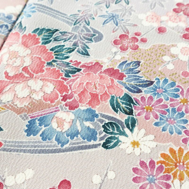 小紋 良品 しつけ糸付き 縮緬 正絹 花柄 袷仕立て 身丈162.5cm 裄丈66cm リサイクル着物 着物 金彩 多色使い_画像7