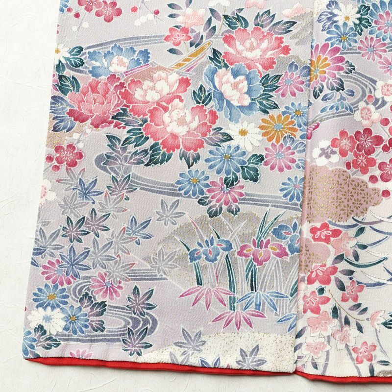 小紋 良品 しつけ糸付き 縮緬 正絹 花柄 袷仕立て 身丈162.5cm 裄丈66cm リサイクル着物 着物 金彩 多色使い_画像12