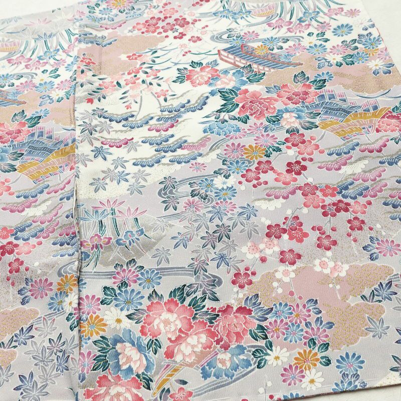 小紋 良品 しつけ糸付き 縮緬 正絹 花柄 袷仕立て 身丈162.5cm 裄丈66cm リサイクル着物 着物 金彩 多色使い_画像13