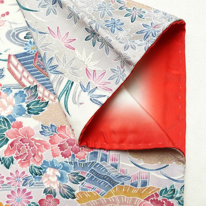 小紋 良品 しつけ糸付き 縮緬 正絹 花柄 袷仕立て 身丈162.5cm 裄丈66cm リサイクル着物 着物 金彩 多色使い_画像14