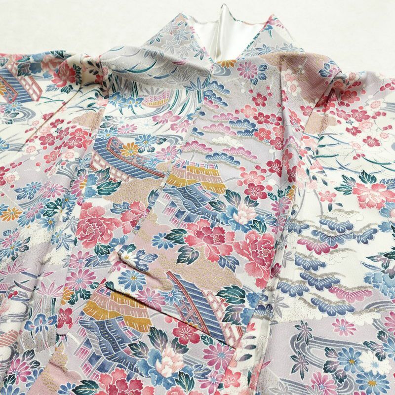 小紋 良品 しつけ糸付き 縮緬 正絹 花柄 袷仕立て 身丈162.5cm 裄丈66cm リサイクル着物 着物 金彩 多色使い_画像16