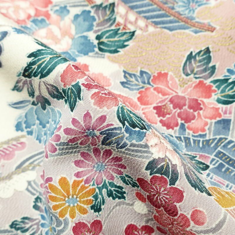 小紋 良品 しつけ糸付き 縮緬 正絹 花柄 袷仕立て 身丈162.5cm 裄丈66cm リサイクル着物 着物 金彩 多色使い_画像21