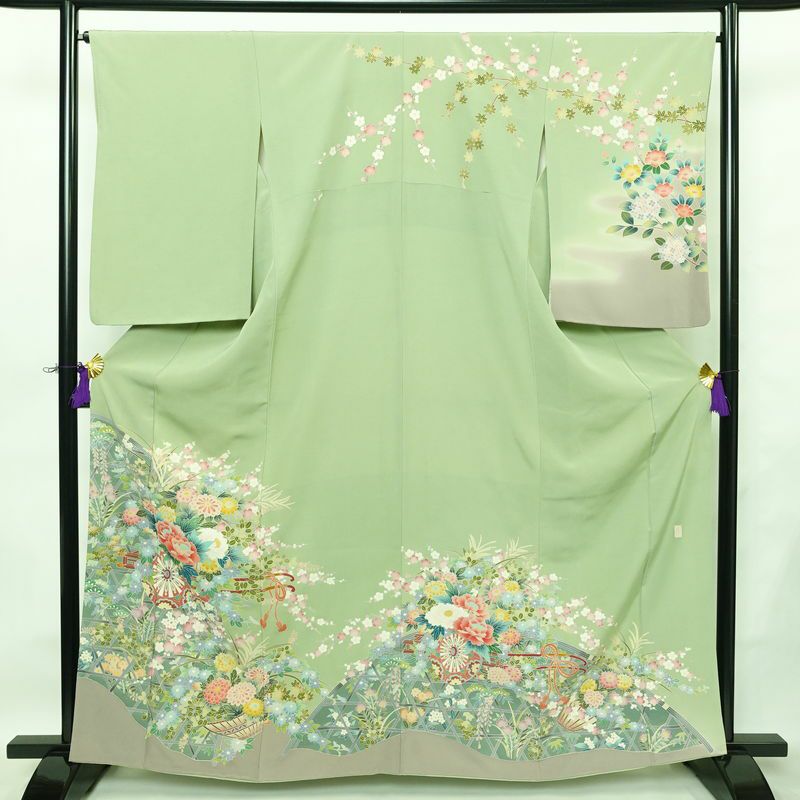 訪問着 縮緬 正絹 花柄 袷仕立て 身丈163cm 裄丈66cm リサイクル着物 着物 入学式 卒業式 七五三 お宮参り フォーマル 緑・うぐいす色_画像1