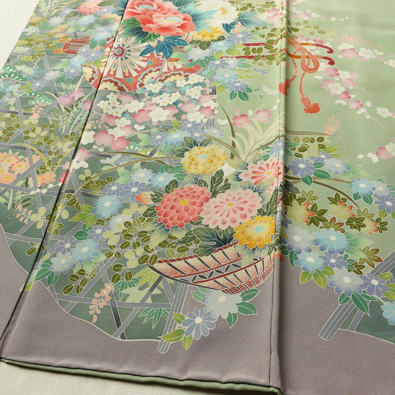 訪問着 縮緬 正絹 花柄 袷仕立て 身丈163cm 裄丈66cm リサイクル着物 着物 入学式 卒業式 七五三 お宮参り フォーマル 緑・うぐいす色_画像4