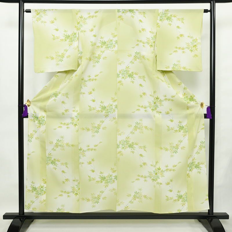 盛夏 絽 小紋 夏用 バチ衿仕立て 正絹 木の葉・植物柄 単衣仕立て 身丈155.5cm 裄丈63cm リサイクル着物 着物 紅葉 緑・うぐいす色_画像1