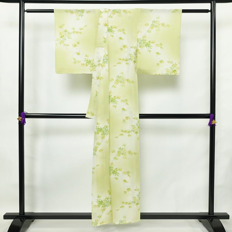 盛夏 絽 小紋 夏用 バチ衿仕立て 正絹 木の葉・植物柄 単衣仕立て 身丈155.5cm 裄丈63cm リサイクル着物 着物 紅葉 緑・うぐいす色_画像2