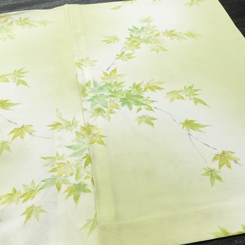 盛夏 絽 小紋 夏用 バチ衿仕立て 正絹 木の葉・植物柄 単衣仕立て 身丈155.5cm 裄丈63cm リサイクル着物 着物 紅葉 緑・うぐいす色_画像13