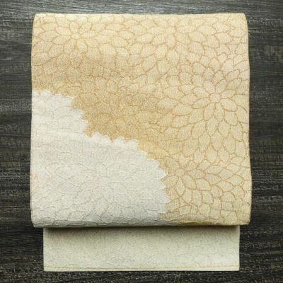 名古屋帯 全通柄 正絹 花柄 松葉仕立て なごや帯 リサイクル帯 帯 菊 金・銀