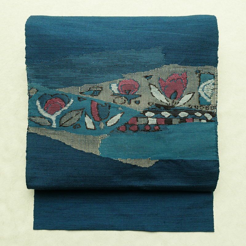 名古屋帯 太鼓柄 正絹 花柄 名古屋仕立て なごや帯 リサイクル帯 帯 モダン 青・紺_画像1