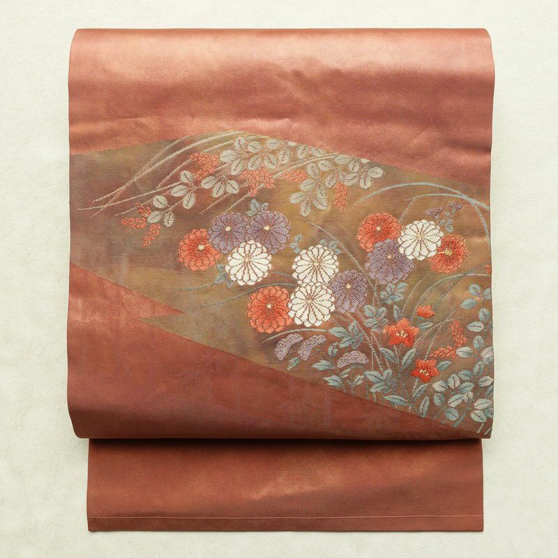 名古屋帯 太鼓柄 良品 正絹 花柄 名古屋仕立て なごや帯 リサイクル帯 帯 引箔 萩 菊 茶_画像1