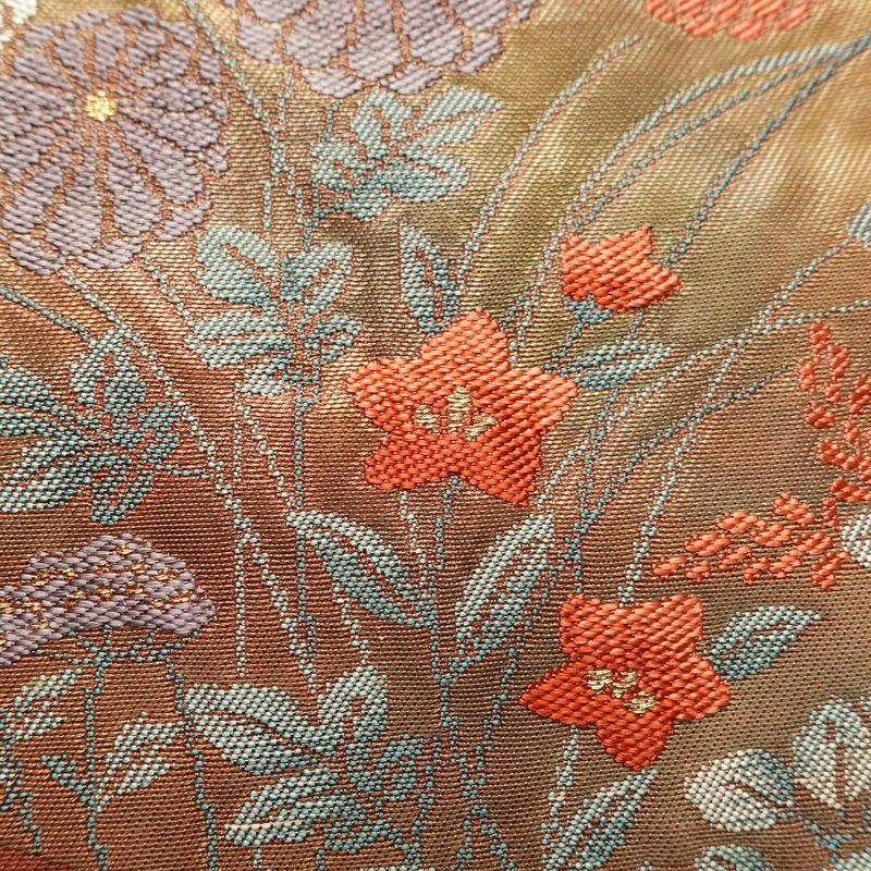 名古屋帯 太鼓柄 良品 正絹 花柄 名古屋仕立て なごや帯 リサイクル帯 帯 引箔 萩 菊 茶_画像4