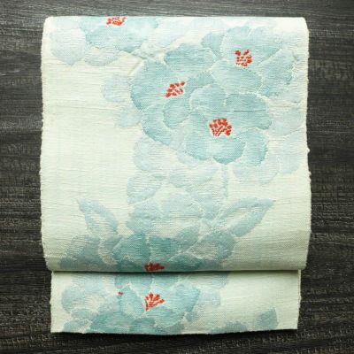 名古屋帯 六通柄 正絹 花柄 松葉仕立て なごや帯 リサイクル帯 帯 紬地 青・紺