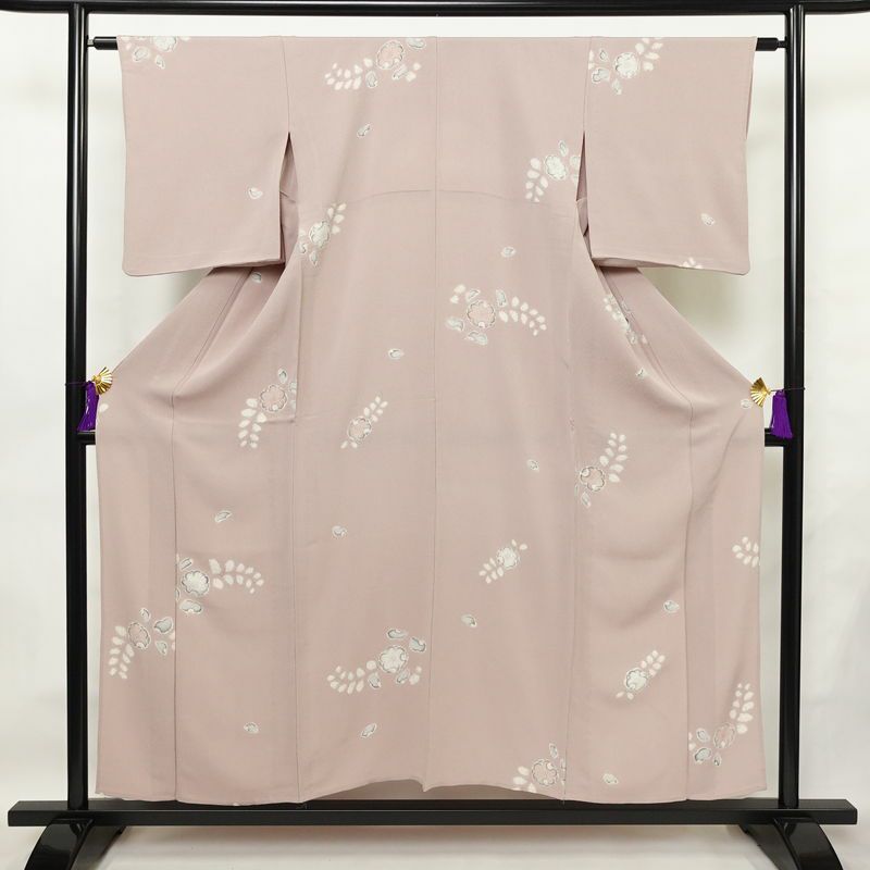 単衣 小紋 縮緬 正絹 花柄 単衣仕立て 飛び柄 身丈153cm 裄丈62.5cm 上品 くすみピンク ピンク_画像1