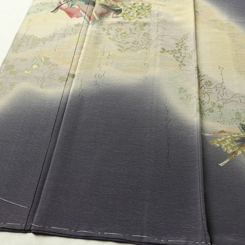 付け下げ 美品 落款入り しつけ糸付き 正絹 人物・動物柄 袷仕立て 身丈148cm 裄丈61.5cm リサイクル着物 着物 箔 紫・藤色_画像4