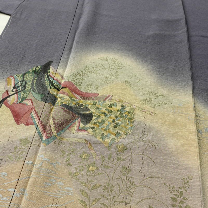 付け下げ 美品 落款入り しつけ糸付き 正絹 人物・動物柄 袷仕立て 身丈148cm 裄丈61.5cm リサイクル着物 着物 箔 紫・藤色_画像5