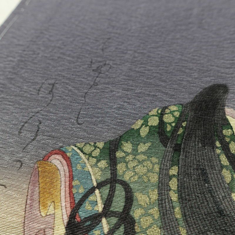 付け下げ 美品 落款入り しつけ糸付き 正絹 人物・動物柄 袷仕立て 身丈148cm 裄丈61.5cm リサイクル着物 着物 箔 紫・藤色_画像7