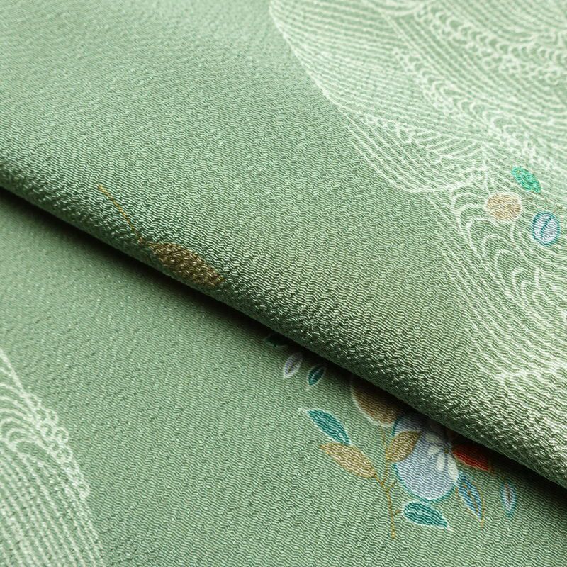 小紋 良品 しつけ糸付き 縮緬 正絹 花柄 袷仕立て 身丈157.5cm 裄丈66.5cm リサイクル着物 着物 金彩 緑・うぐいす色_画像20