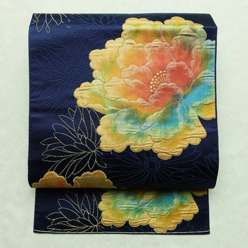 名古屋帯 六通柄 良品 ふくれ織 正絹 花柄 名古屋仕立て なごや帯 リサイクル帯 帯 青・紺_画像1